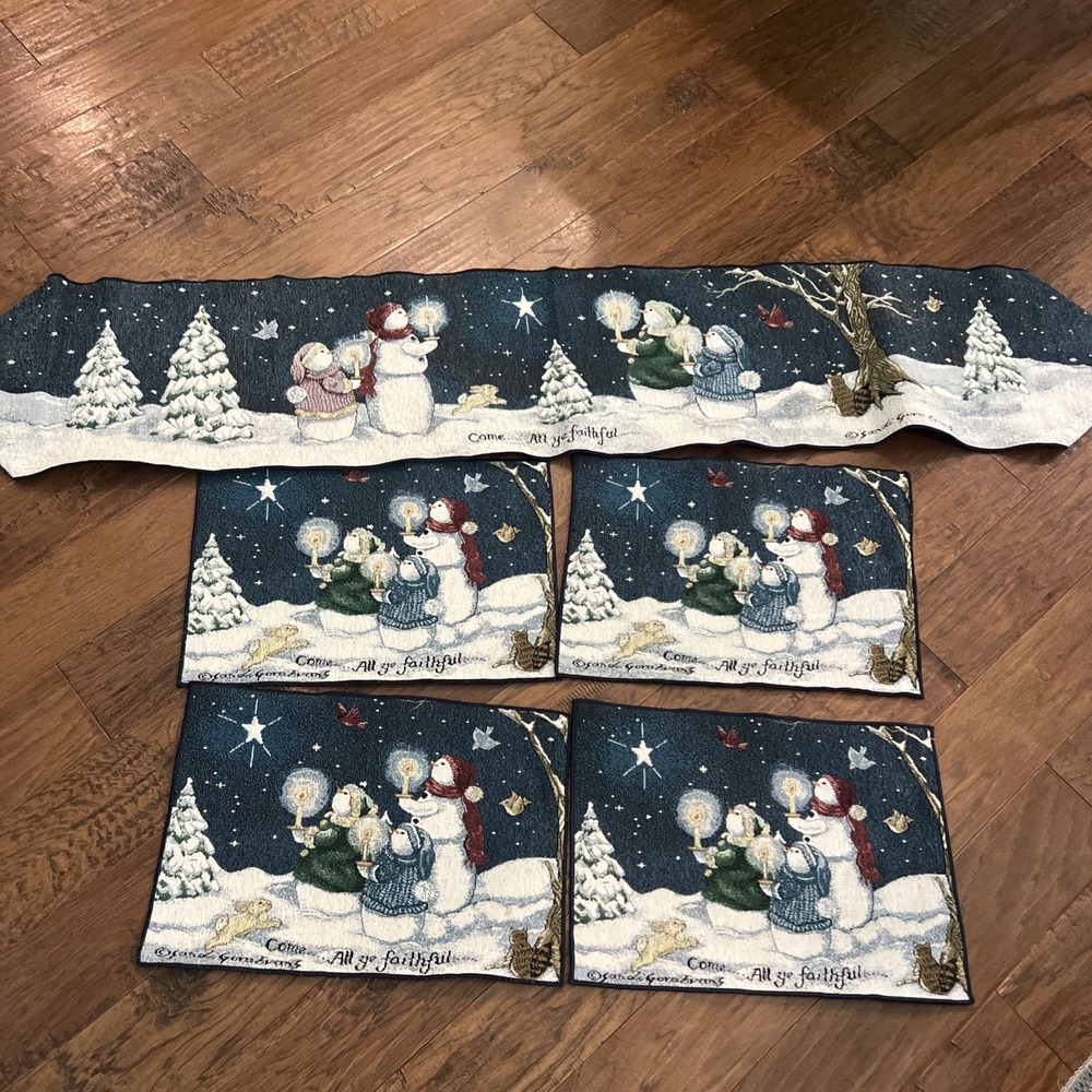 VTG Sandy Gore Evans Tapestry Table Runner Come All Ye Faithful 4 Placemats Set